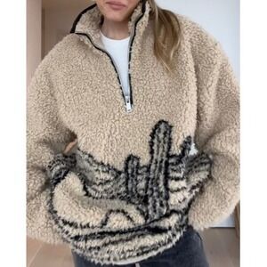 Zara Desert Cactus Sherpa Fleece Quarter Zip Western Mens Large Deep Pile Tan